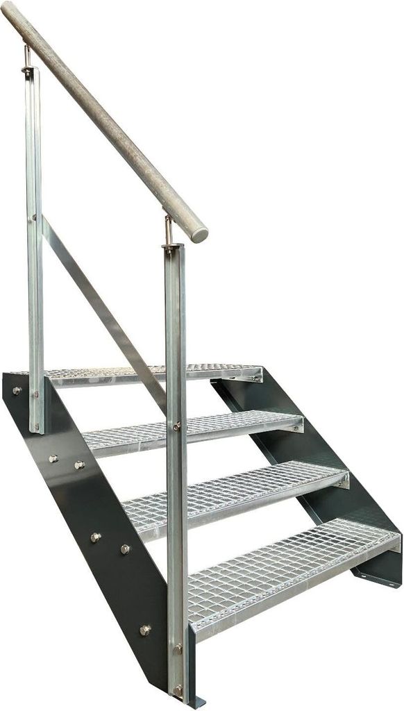 Gitterrost Stahl Wangentreppe 4 Stufen Verzinkt & Anthrazit Pulverlackierte Wangen + Geländer Links - (L x B x H) 82cm x 80cm x 76cm