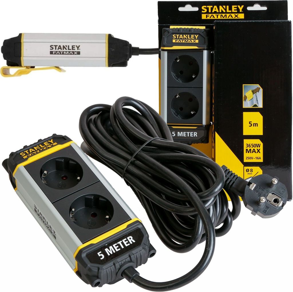 A product shot of a Stanley Fatmax 2-socket power strip with a 5-meter cable and its packaging.