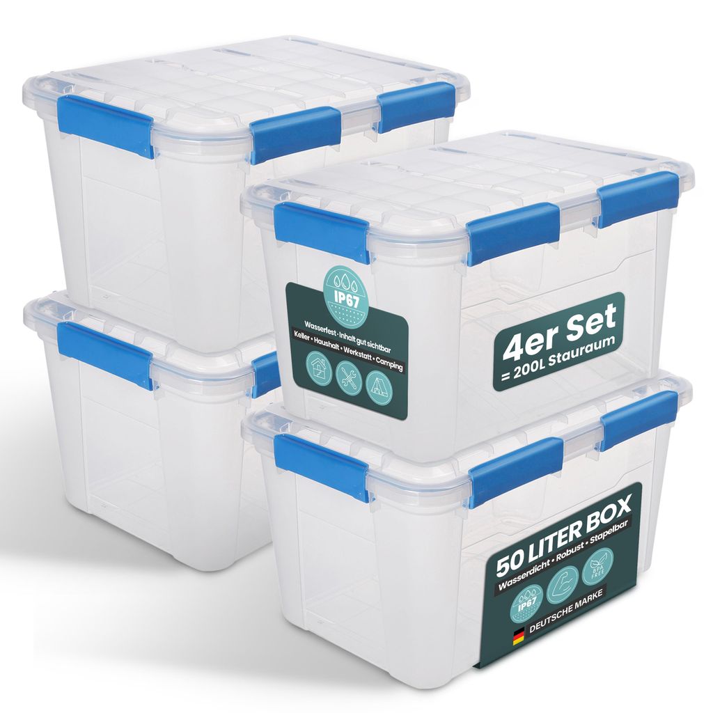 Kreher Aufbewahrungsbox 50 L mit Deckel - wasserdicht & staubdicht, transparent & stapelbar, BPA- & schadstofffrei, robuste Kunststoffbox (4 Stück)