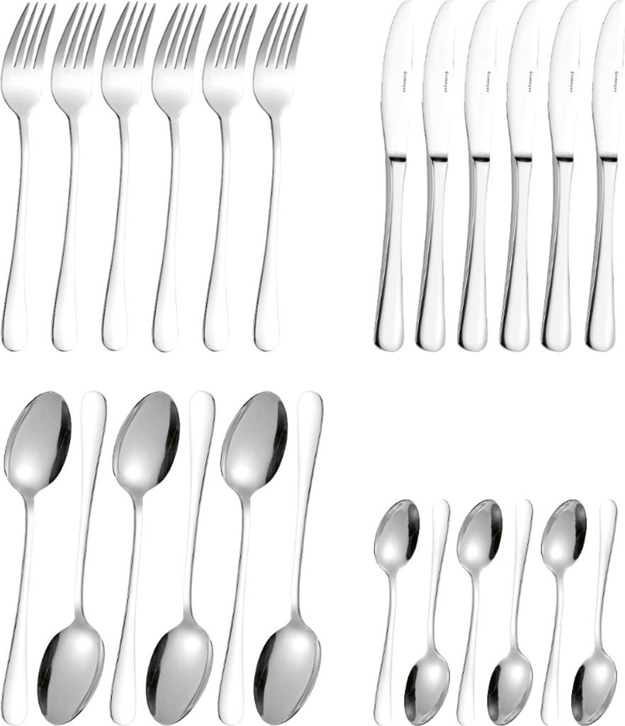 A collection of cutlery, including forks, knives, and spoons, arranged in neat rows against a white background.