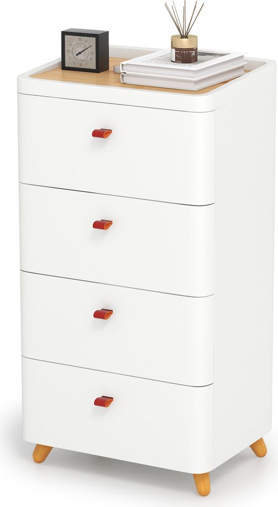 KOMFOTTEU Kommode mit 4 Schubladen & abnehmbarem Tablett, Schubladenschrank mit Massivholzbeinen, Mehrzweckschrank Aufbewahrungsschrank für Wohnzi...