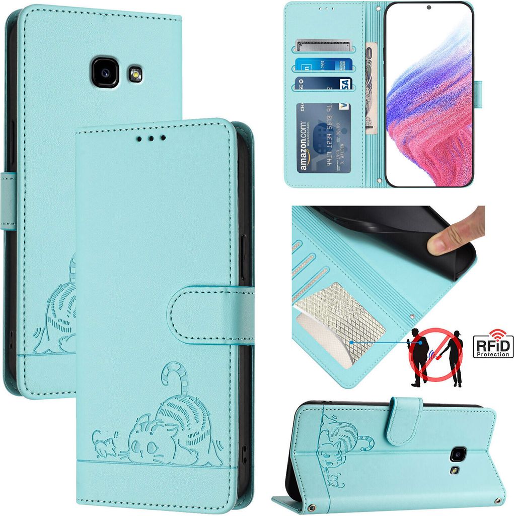 A collage of images showcasing a light green flip case wallet for a Samsung Galaxy A5 2017, featuring a cute cat design, card slots, and RFID protection.
