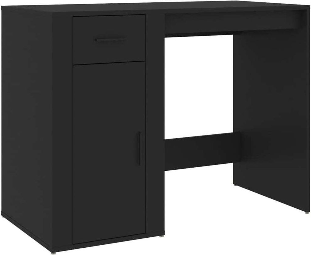 A black desk with a cabinet and drawer on a white background.