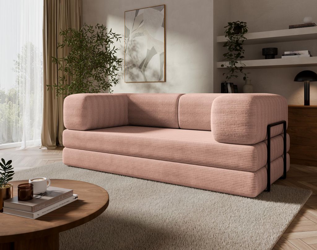 Maya Modularsofa 200x100 cm Cord Schlafsofa mit Metallgestell Ausziehbar Altrosa POSO 52