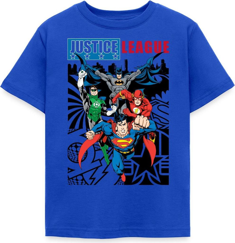 Spreadshirt DC Comics Justice League Comic Cover Kinder T-Shirt, 122/128 (7-8 Jahre), Royalblau