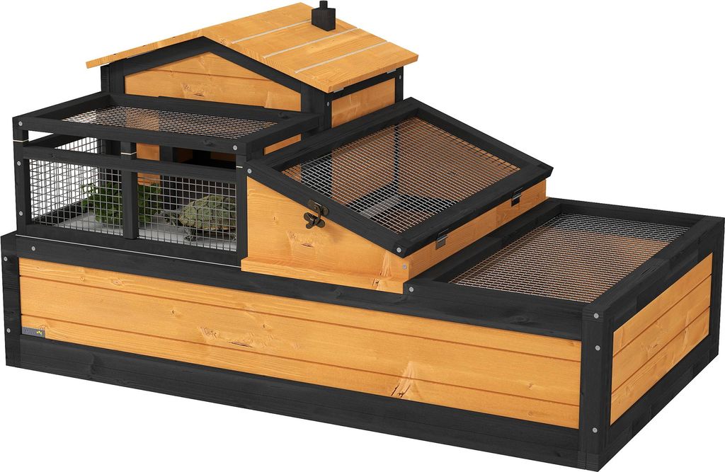 Schuldkrötenhaus, 2 Ebenen, für drinnen und draußen, Schublade, Tannenholz, Gelb