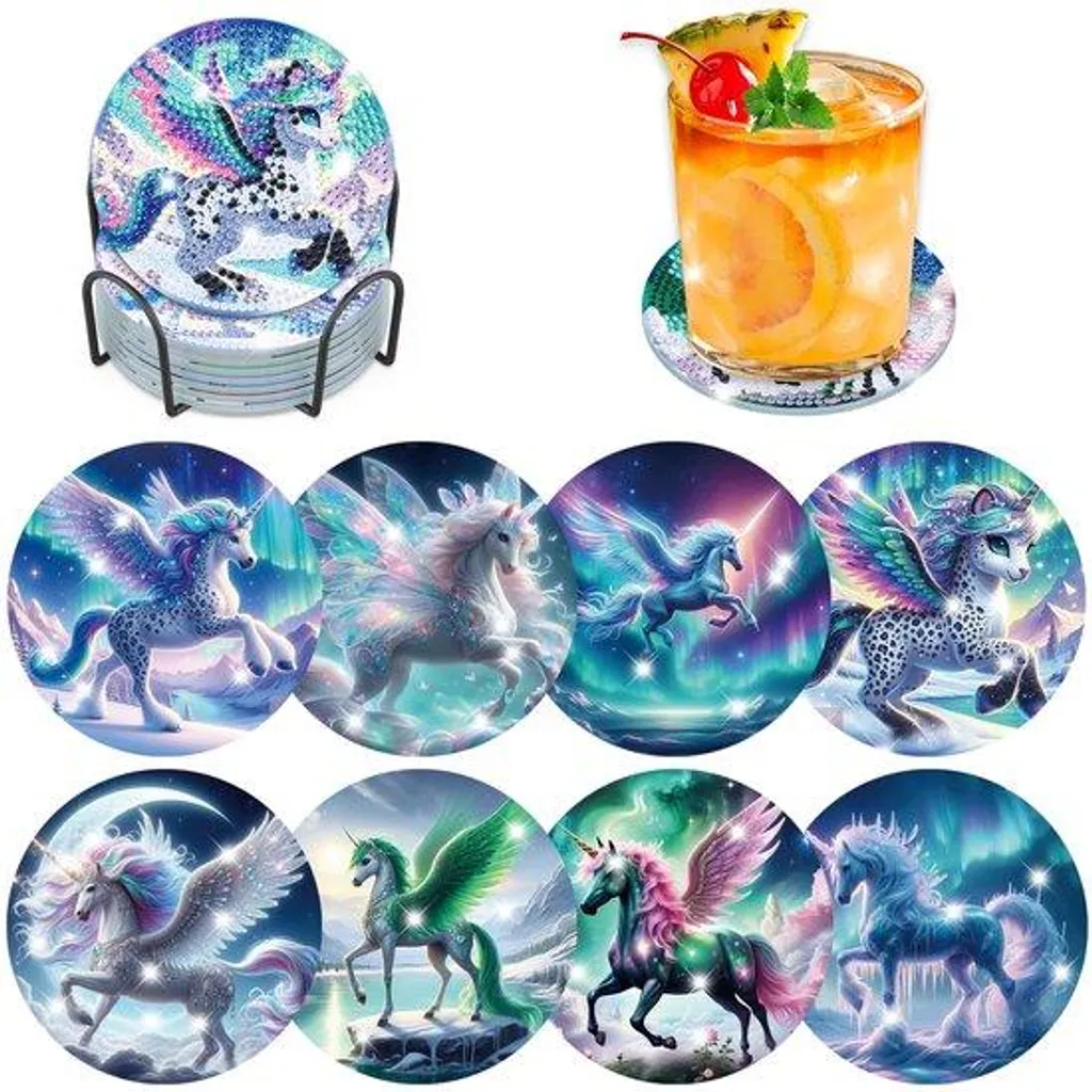 Sous-verre motif diamant licorne lot de 8 pièces en plastique lavable