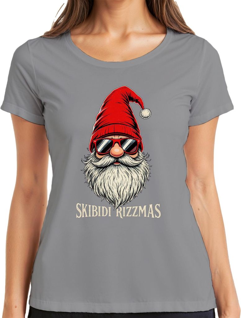 SKIBIDI RIZZMAS Weihnachtsmann Sonnenbrille Hipster Mütze Bart Damen T-Shirt, Grau, XL