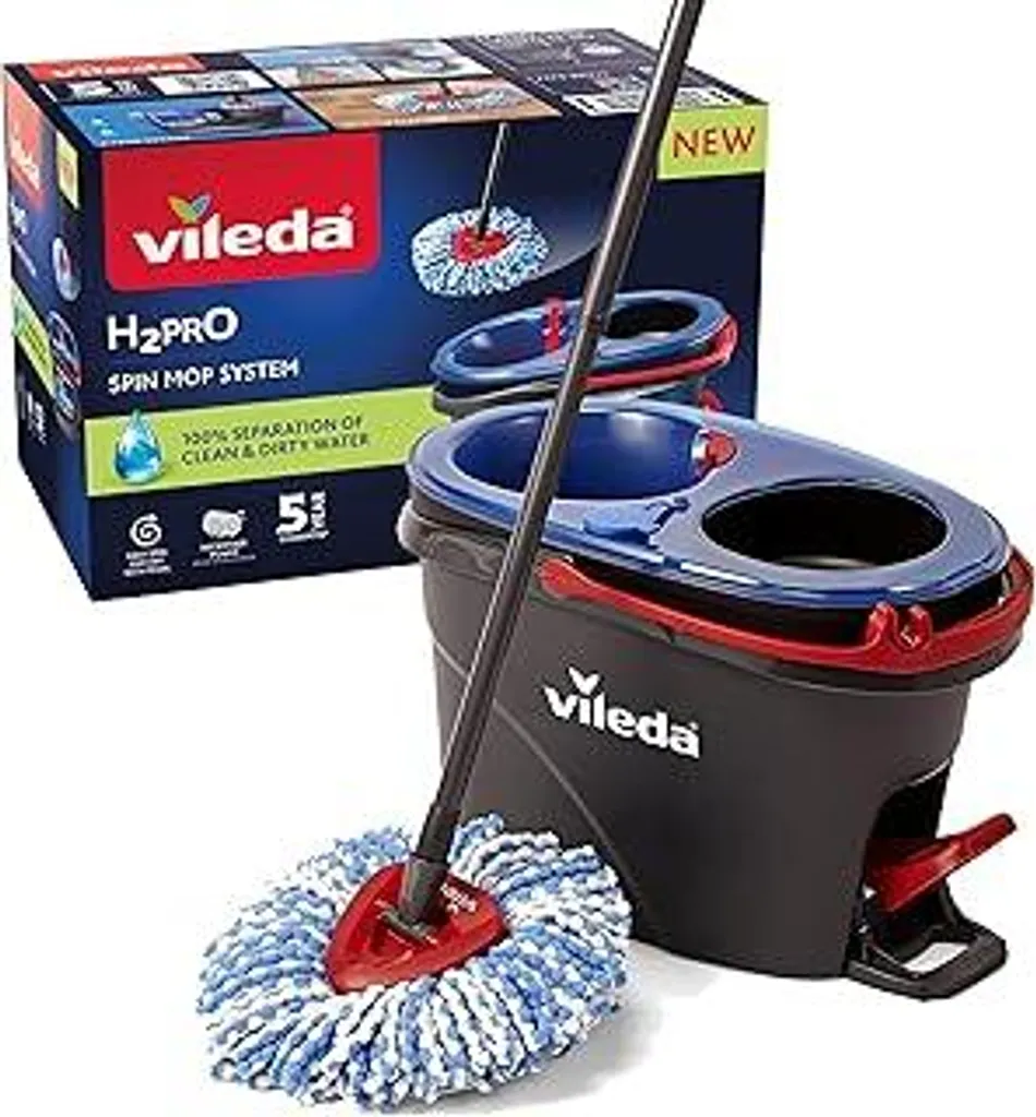 Set mocio Vileda H2PrO Spin con secchio | Separazione al 100% dell'acqua pulita da quella sporca | Innovativo sistema a doppio serbatoio con funzione di strizzatura | Strizzatura senza sforzo | Pulizia in microfibra | Ergonomico - 1