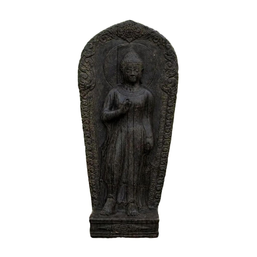 Buddha Figur stehend Relief für den Garten oder die Terrasse aus Steinguss Neu Frostfest Witterungsbeständig Steinfigur Gartenfigur AP-STBRE-130