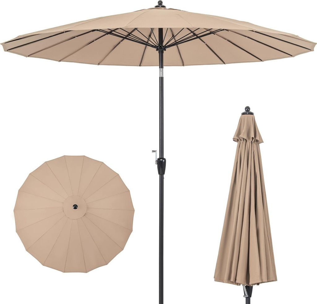 265 cm großer Outdoor-Patio-Sonnenschirm mit Neigefunktion per Knopfdruck, Kurbelgriff, belüftetem Oberteil, 18 robusten Fiberglasstangen, Beige