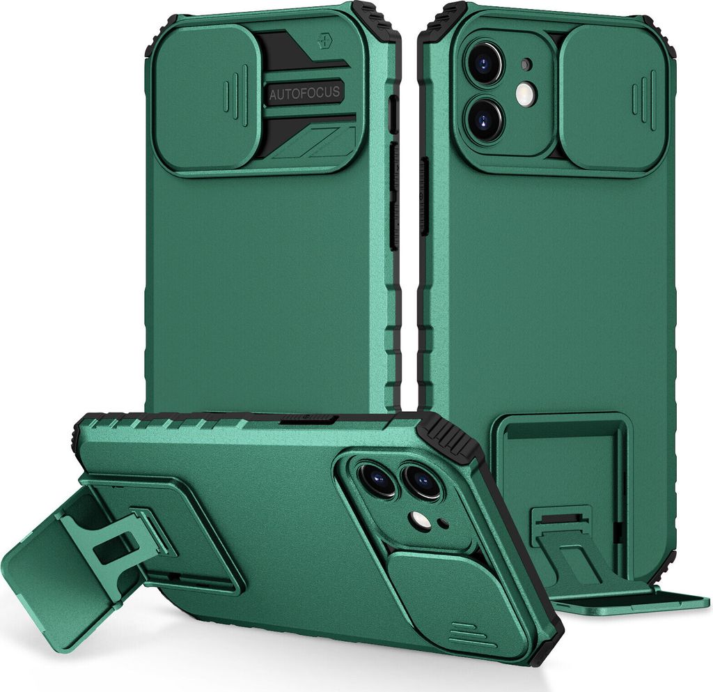 iPhone 12 Hülle, Dual Layer Ständer Schutzhülle mit Schiebe Kamera Schutz für iPhone 12 Grün