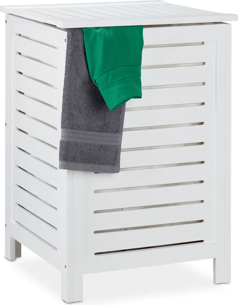 Coffre à Linge en Pin Massif Blanc - Bac à Linge Rectangulaire Aéré