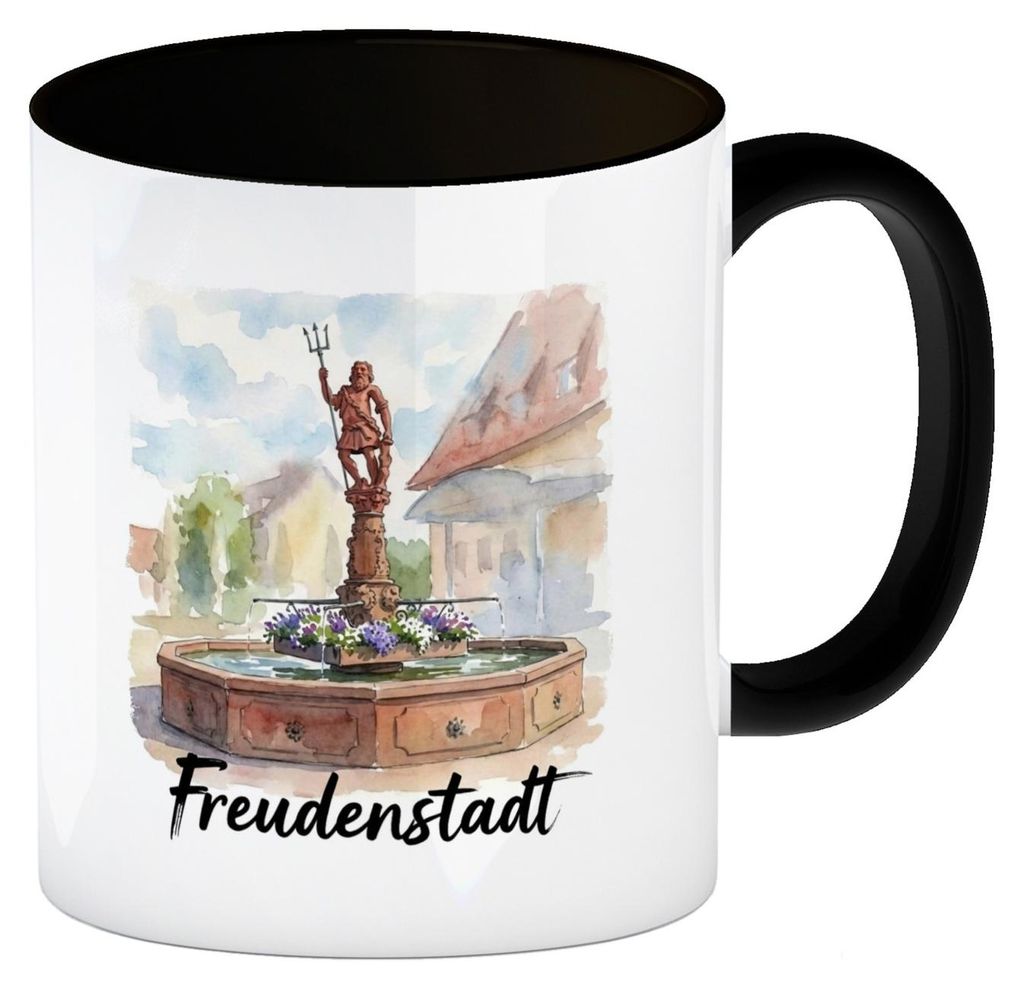 Brunnen Freudenstadt Kaffeebecher in schwarz mit Aquarellmotiv