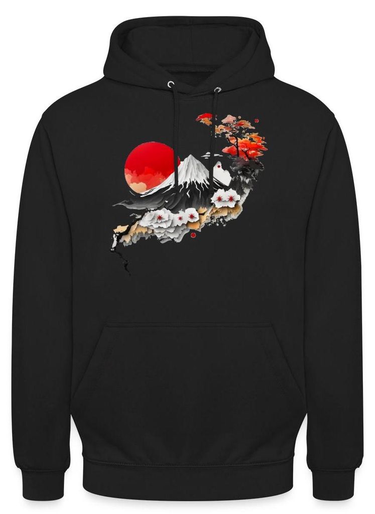Spreadshirt Japan Natur Kirschblüten Bonsai Berge Uni Hoodie, M, Schwarz