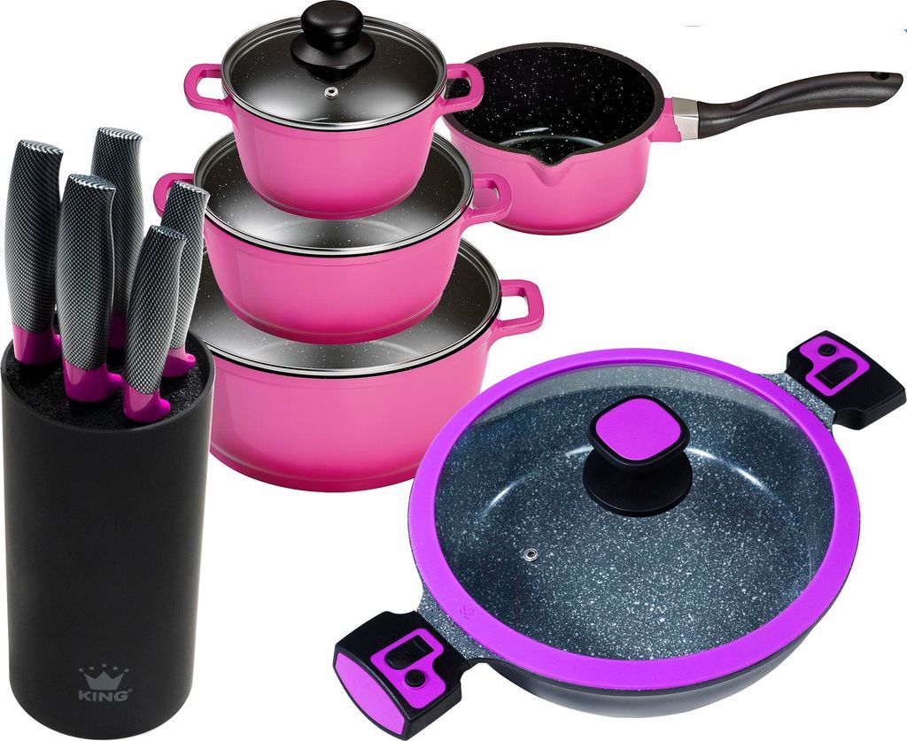 11tlg. KING Vorteilsset BERRY: 4tlg. Kochtopfset Aluguss Berry, 3xKochtöpfe in Ø16,Ø20,Ø24cm, 1xStieltopf Ø16cm + 6tlg. Messerset CARBON BERRY...