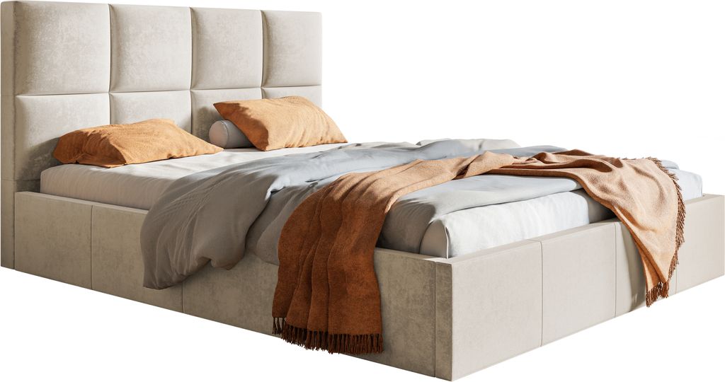 A bed with bedding and pillows, shown against a white background.