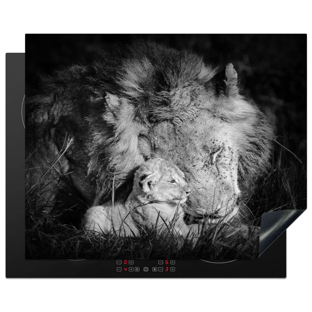 KitchenYeah Herdabdeckplatte Tierprofil Löwe mit Jungtier in schwarz und weiß , 65x52cm, Küche Deko, Glaskeramikkochfeld Herdabdeckung, Abdeck...
