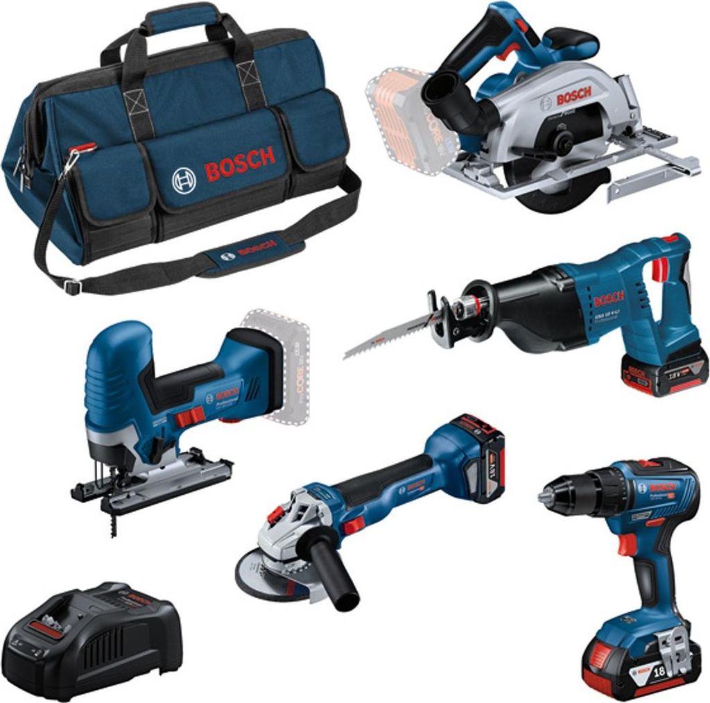 Bosch Profi Set 18V: GSR 18V-55, GWS 18V-10, GST 18V-125 S, GSA 18 V-LI, GKS 18V-57-2, 3x Akku 4 Ah, Schnellladegerät, Tasche