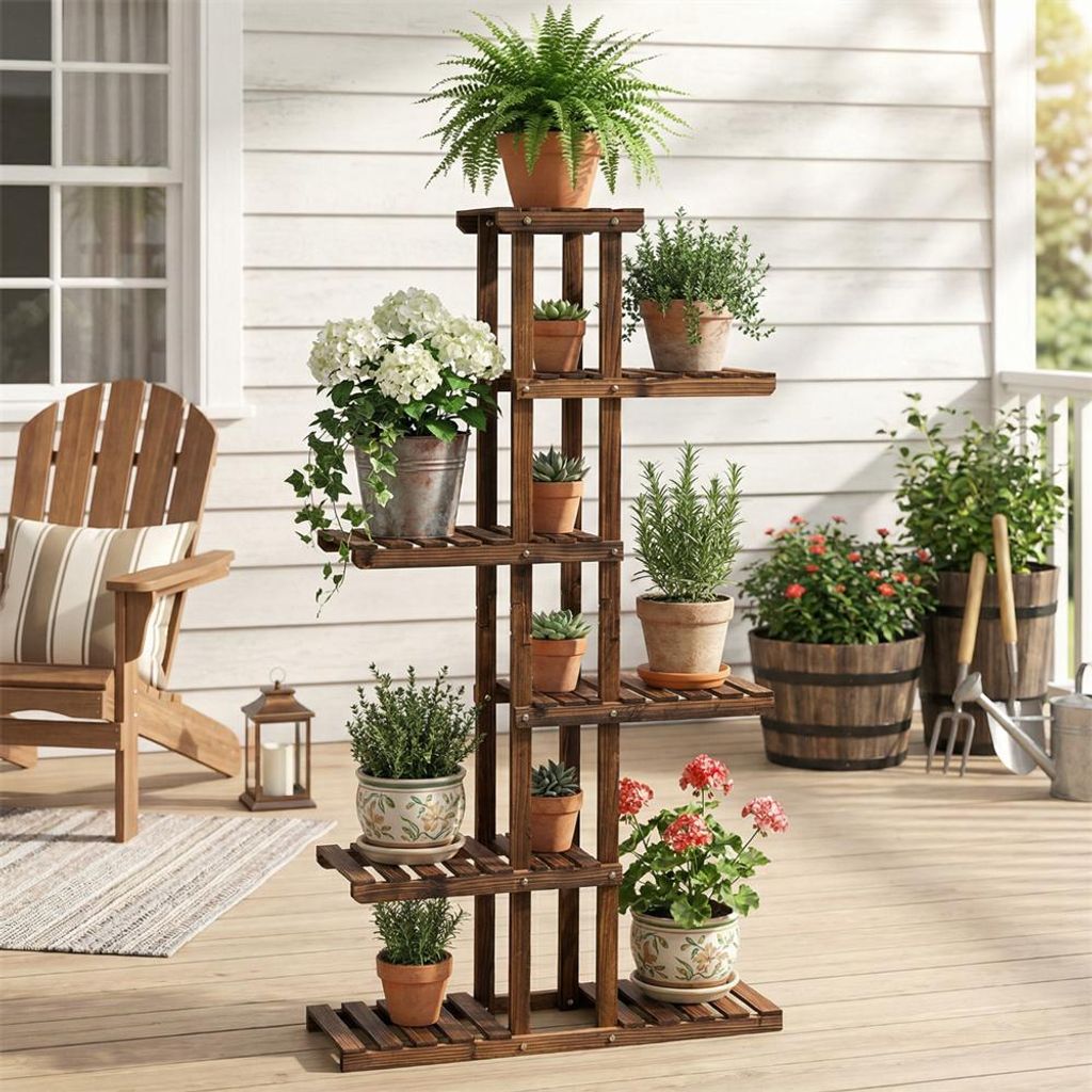 Zerbaco Pflanzregal, Holz, 6 Ebenen, Standregal, für Garten, wetterfest