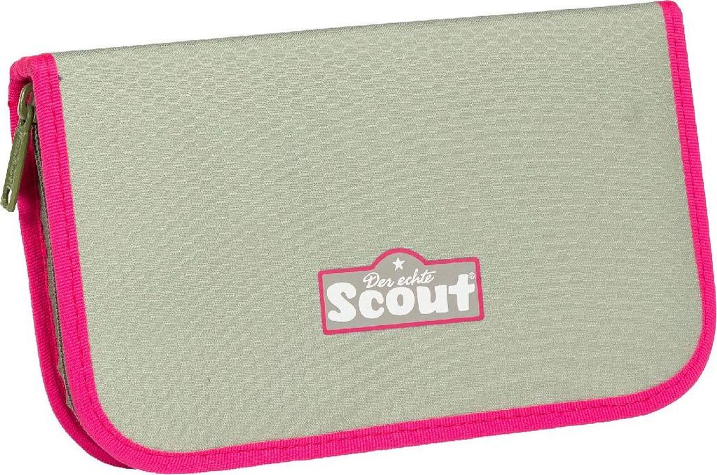 A closed pencil case with a pink trim and a logo on the front.