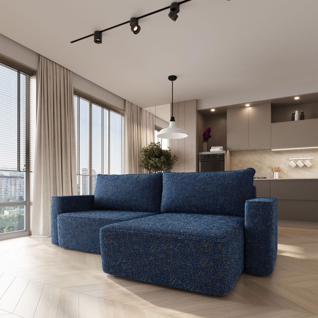Masseno Ecksofa BELISE mit Schlaffunktion L-Form, Sofa mit Bettkasten, Wohnzimmersofa, Couch, Soffa, Bettsofa, Couchgarnitur- Blau, BELLA 30