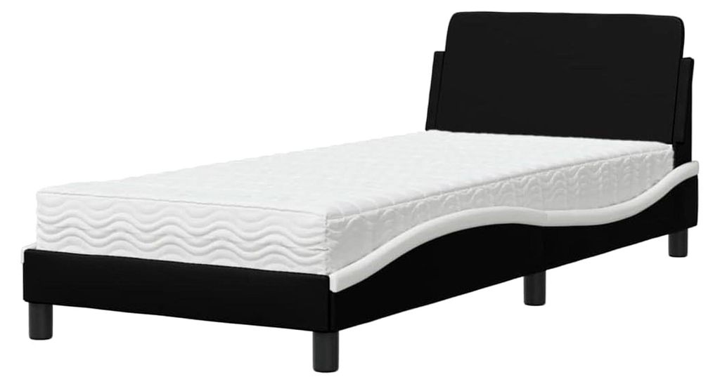 Polsterbett mit Matratze Dover für das Schlafzimmer, Bettgestell mit Lattenrost, Einzelbett, Schwarz Weiß 90x190cm Kunstleder