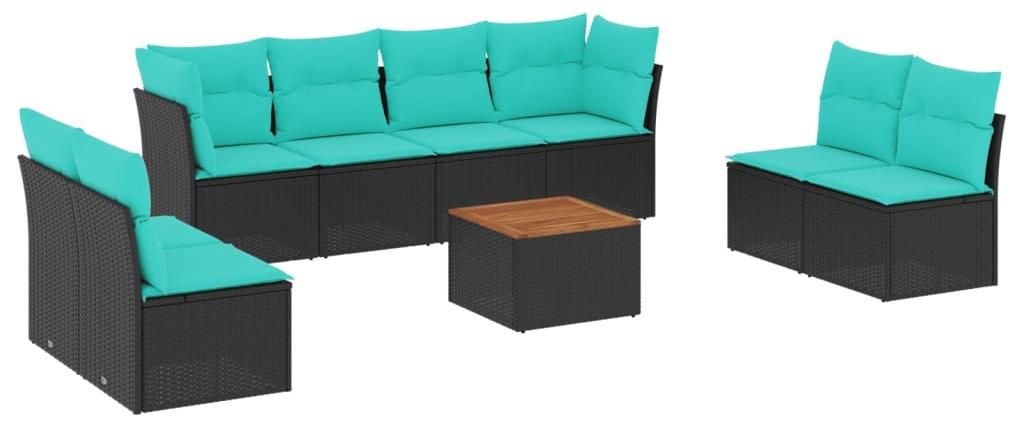 vidaXL 9-tlg. Garten-Sofagarnitur mit Kissen Schwarz Poly Rattan