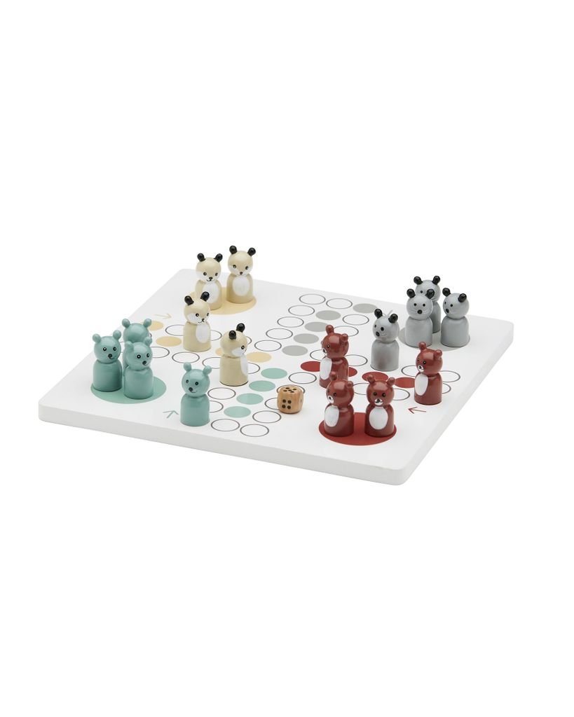 A wooden board game with colorful pawns.