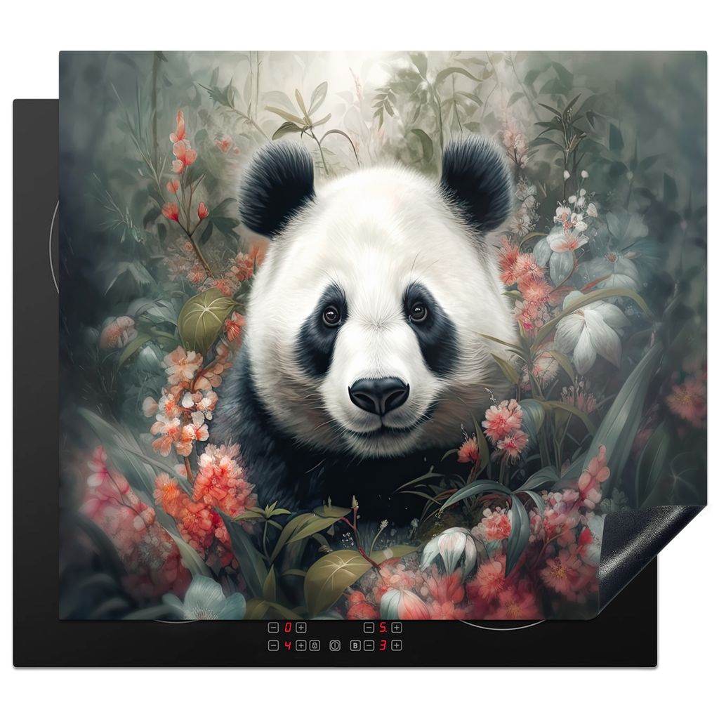 KitchenYeah Herdabdeckplatte Panda - Wildtiere - Blumen - Natur , 60x52cm, Küche Deko, Glaskeramikkochfeld Herdabdeckung, Abdeckplatte fùr Koch...