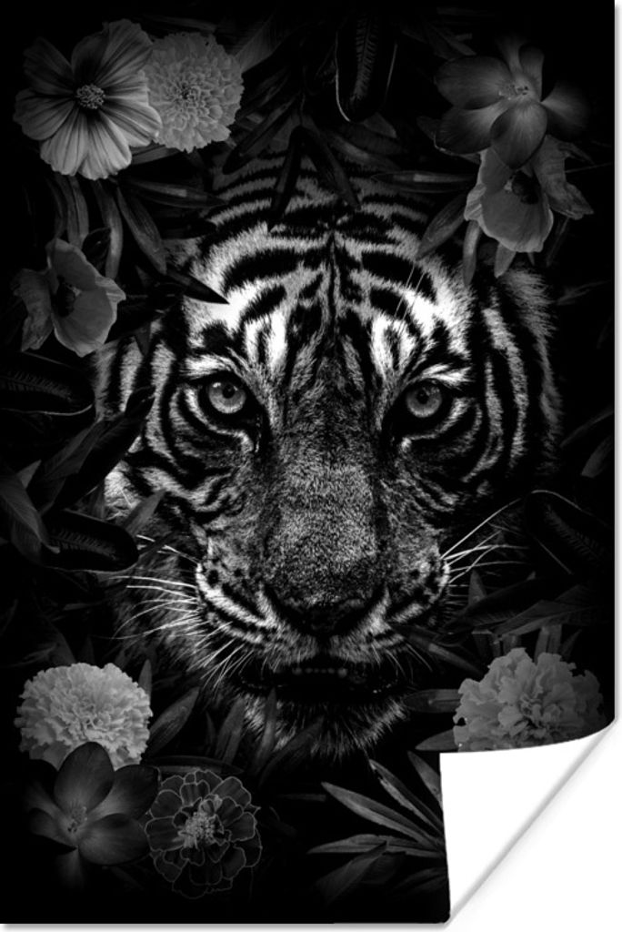 MuchoWow Poster Tiger zwischen den Blumen - schwarz und weiß 60x90 cm - Wanddekoration