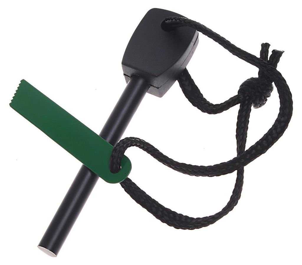 A fire starter tool with a black handle and a green striker, shown against a white background.