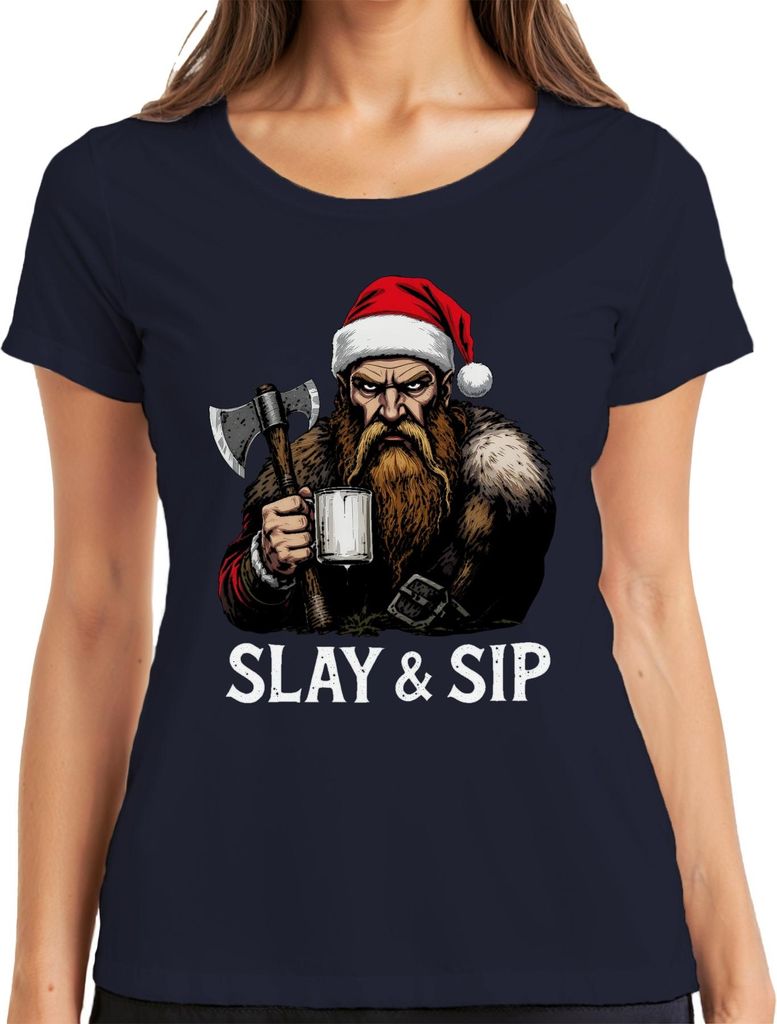 SLAY & SIP Wikinger Bart Axt Becher Geschenk lustig düster Retro Damen T-Shirt, Navy, XXL