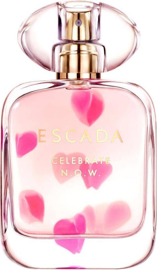 A bottle of Escada Celebrate N.O.W. Eau de Parfum for women, with pink petals floating around it.
