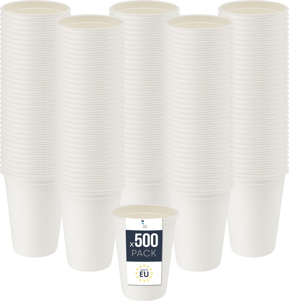 BenBow Einwegbecher aus Zuckerrohr, Weiß, 300 ml x 500 – Besser als Pappbecher, Umweltfreundlich, Ideal für Partys oder Kaffee