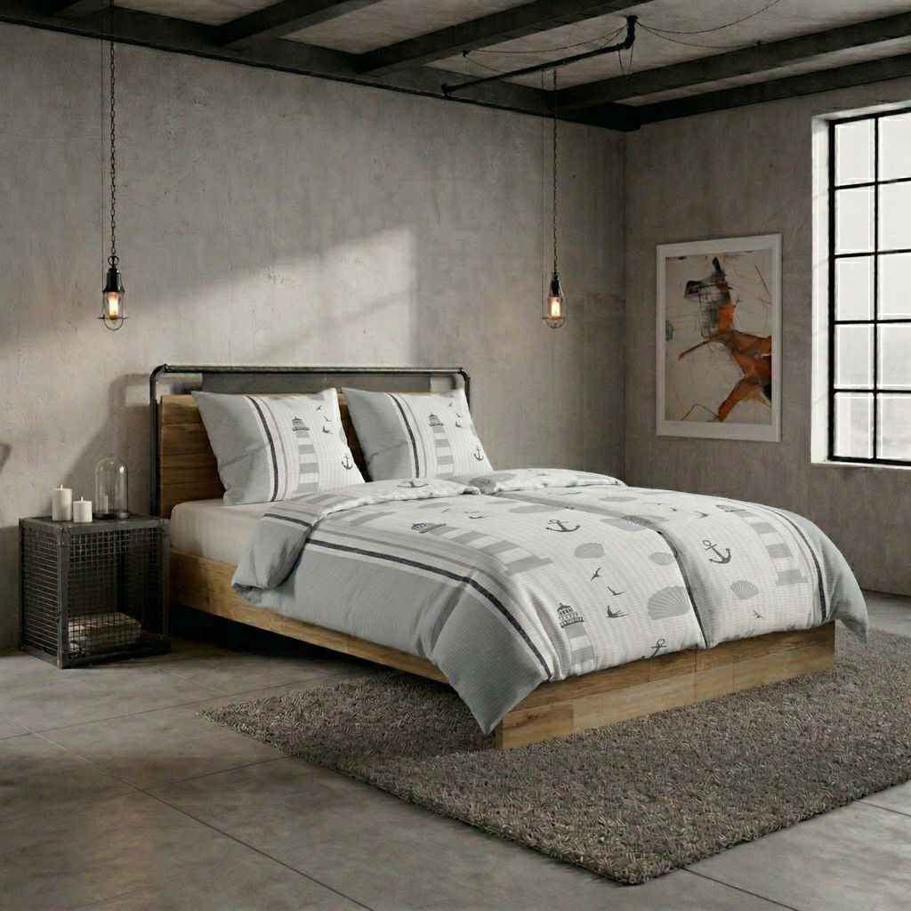 Microfaser Seersucker Bettwäsche 135x200 cm Grau Weiß Muscheln – 100% Polyester – Bügelfrei & Trocknergeeignet