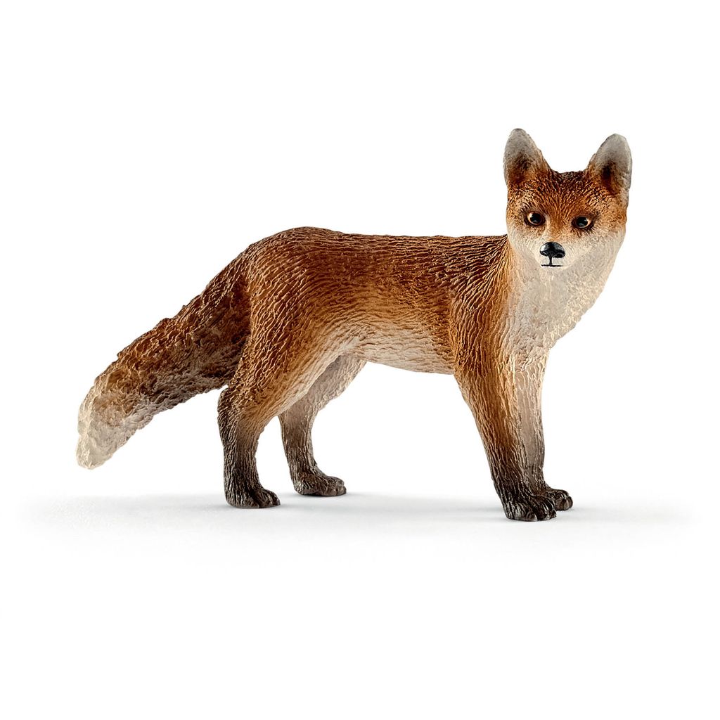 A realistic toy fox figurine standing on a white background.