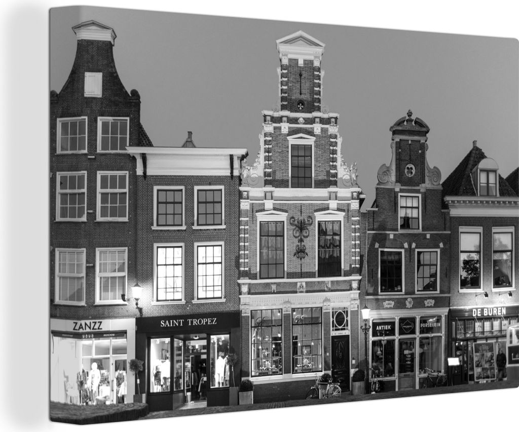 OneMillionCanvasses - Leinwandbilder - 140x90 cm, Alte Häuser in Alkmaar am Abend - schwarz und weiß, Wandbilder Kunstdruck Wanddekoration