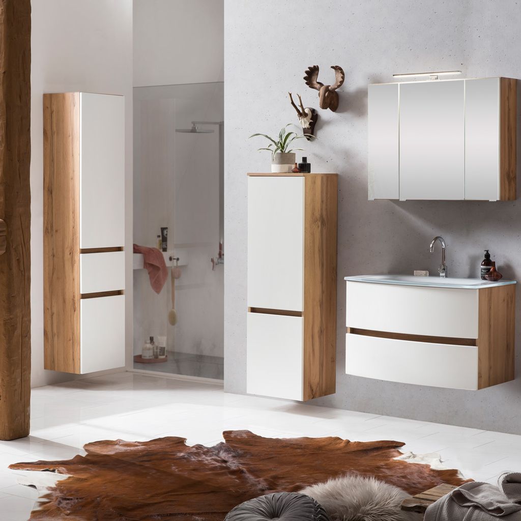 Badmöbel Set Komplett LAURIA-03 in Wotaneiche Nb. mit matt weiß, Glasbecken weiß, BxHxT: ca. 140x200x49 cm