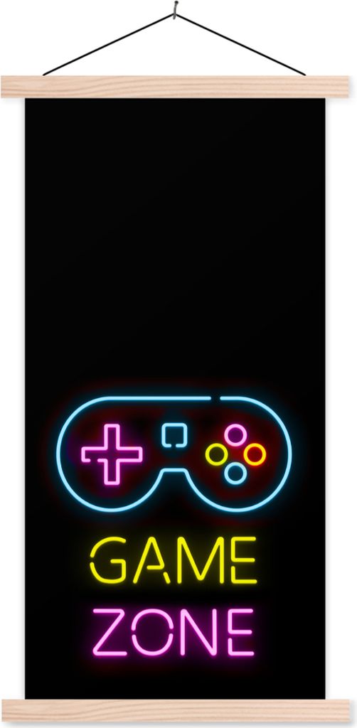 MuchoWow Textilposter Controller - Spiel - Neon - Schwarz - Zitate - Spielzone 60x120 cm mit holzfarbenen Rahmen - Holz