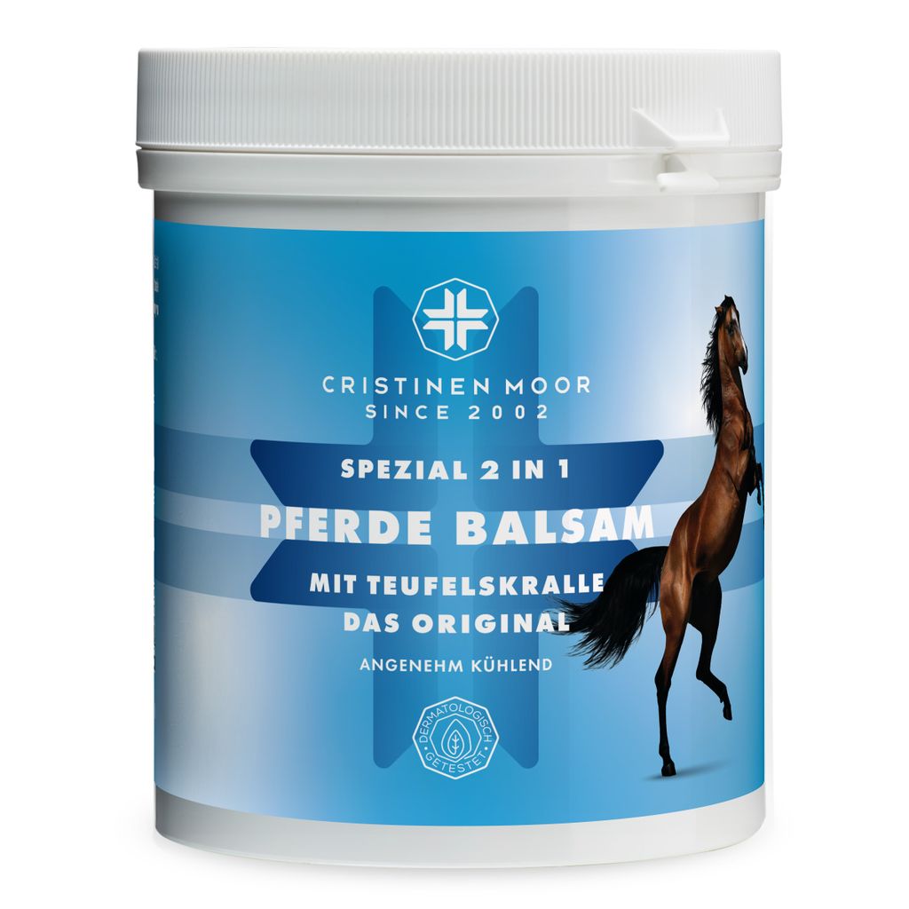 Cristinen Moor Pferde Balsam mit Teufelskralle spezial 2 in 1, 1000ml (Pferdebalsam), Massage Creme für Muskeln und Gelenke, bei Prellung, Stauchung