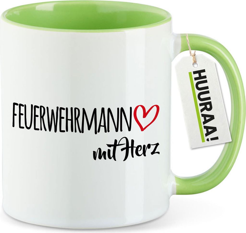 Huuraa Kaffeetasse Feuerwehrmann mit Herz 330ml Grün Keramik Kaffeebecher Geschenkidee