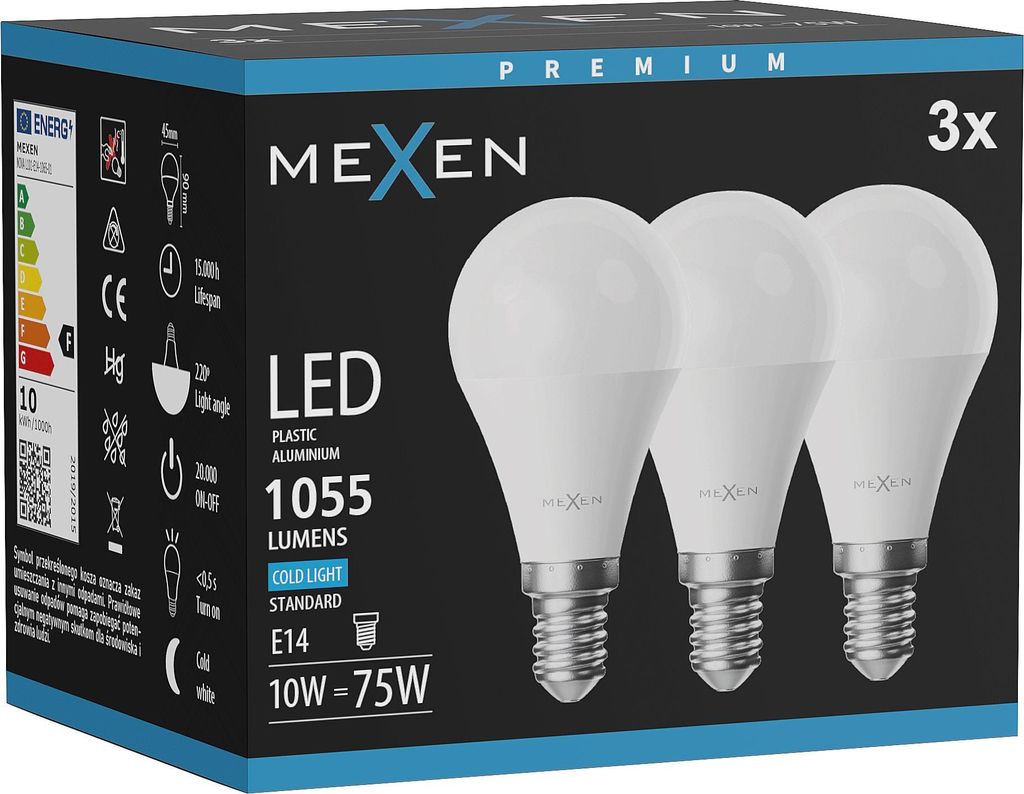 Mexen Nova 3x LED-Glühbirne E14, G45, 10W, Kalt - 6500K, 1055 lm - L101-E14-1065-01x03