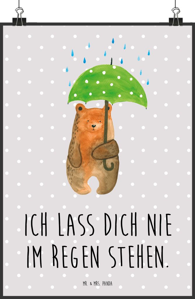 Mr. & Mrs. Panda Bild Bär Regenschirm DIN A2 - Grau Pastell - Geschenk, Partner, Pärchen, Familie, Spruch, Kunstdruck, Teddy, Liebeskummer, Wandb...