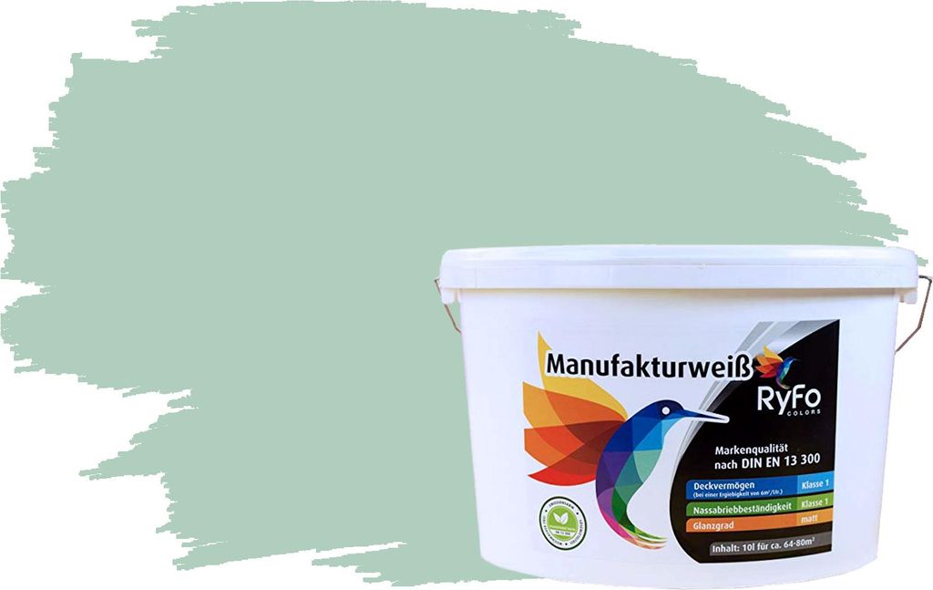 RyFo Colors Bunte Wandfarbe Manufakturweiß Eukalyptus 10l - weitere Grün Farbtöne und Größen erhältlich, Deckkraft Klasse 1, Nassabrieb Klasse 1
