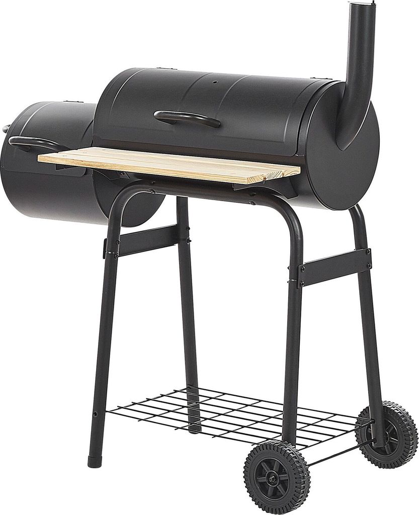 BELIANI Holzkohlegrill Schwarz aus Stahl mit Räucherkammer Smoker auf Rädern Tonnengrill Rollbar BBQ Garten Outdoor Ausstattung