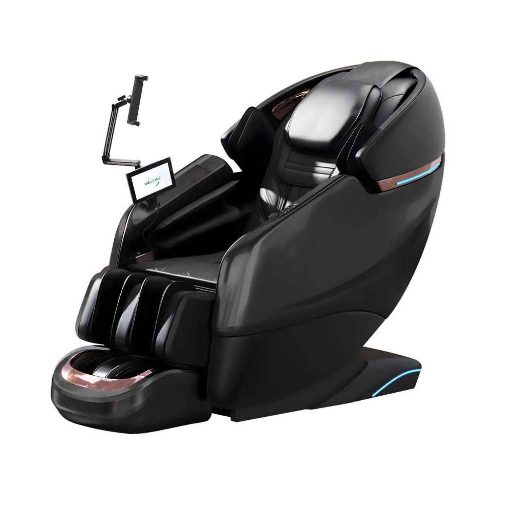 A black massage chair with a tablet holder and screen.