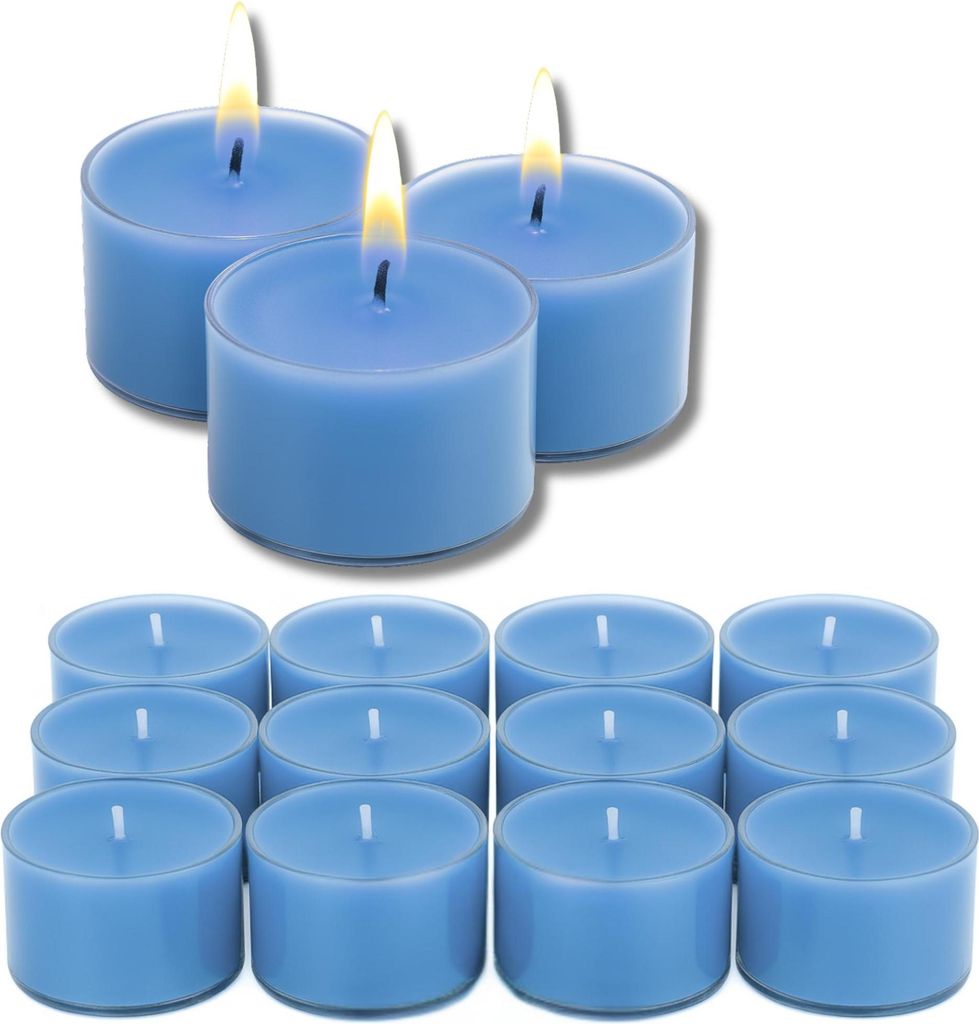 Candelo XXL Duftteelichter Calm Wellness – 12er Set in Meerblau – entspannender Spa-Duft mit zitrischen & aquatischen Aromen – 8h Brenndauer ...