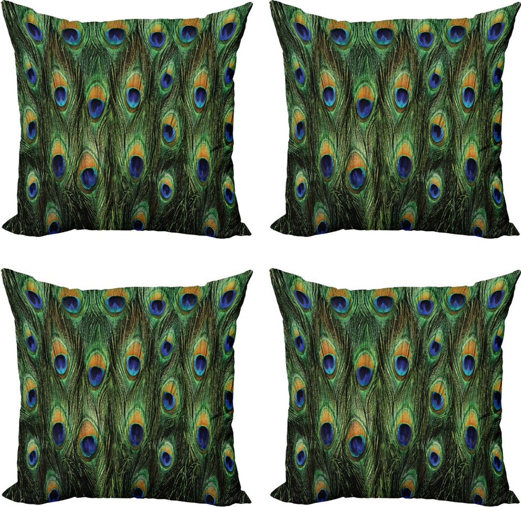 ABAKUHAUS Pfau Kissenbezug Set (4 Stück), Exotic Animal Feathers, Moderner Doppelseitiger Digitaldruck, 50 cm x 50 cm, Grün Senf Navy