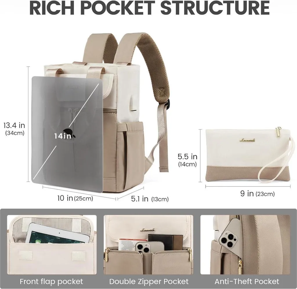 Sac à dos ville anti-encombrement Femme 2 en 1 Beige Kaki léger